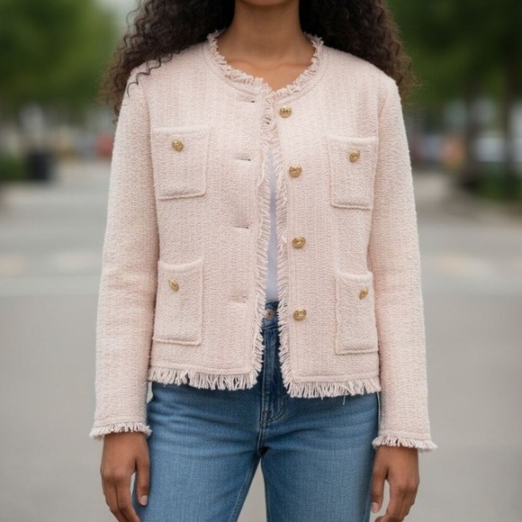 Unbranded Sweaters - Women's Beige Tweed Knit Cardigan Jacket Gold Button Front Fringe Trim Pockets